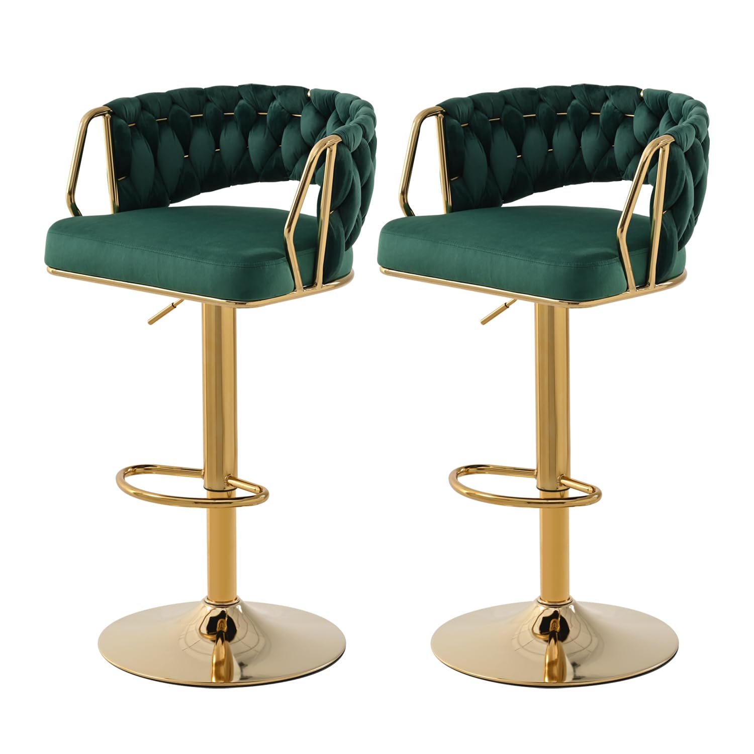 Juego de 2 taburetes de Bar de Terciopelo, Altura Regulable, Giratorio 360°, Taburete de Cocina, Taburete para mostrador, con Respaldo Trenzado a Mano, reposapiés Dorado, Silla de Bar para