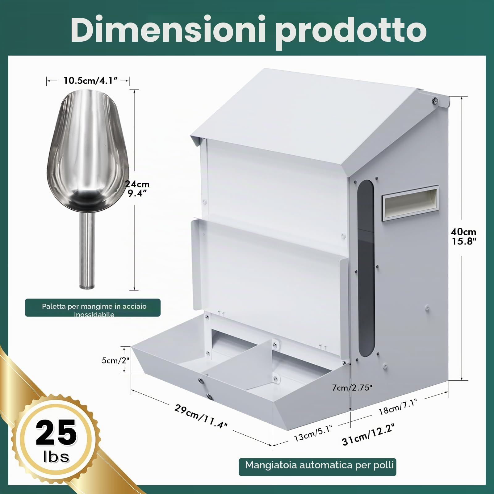25LB Mangiatoia Automatica per Polli in Acciaio Inox Mangiatoia per Polli da Appendere Appesa con Pala e Coperchio Alimentatore Automatico per Pollame Galline Anatre Tacchini