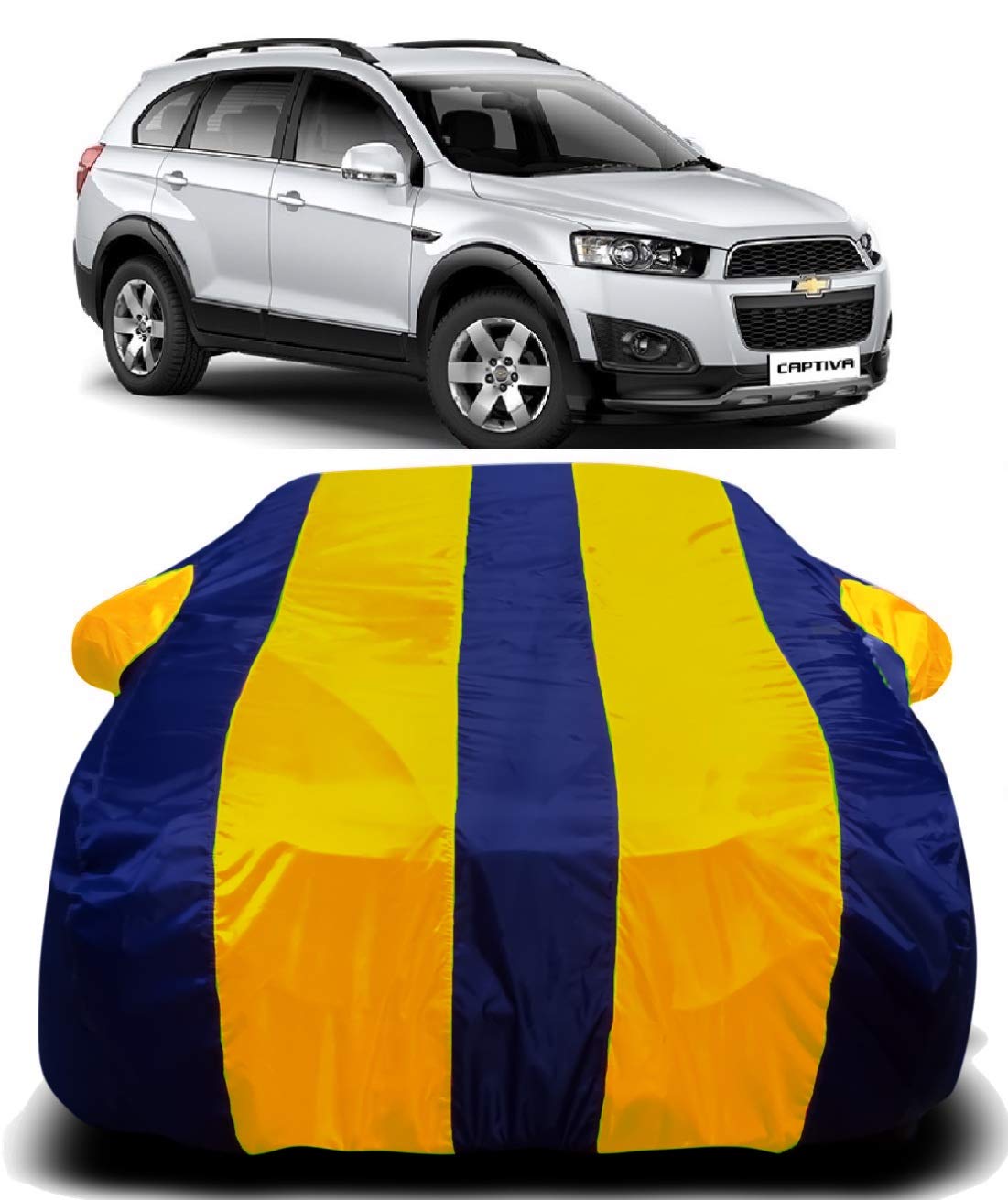 R RAYVIN STAR® Imported Quality 190T Imported Fabric Car Cover for Suitable for Chevrolet Captiva with Ultra Surface Body Protection (Yellow Stripes)