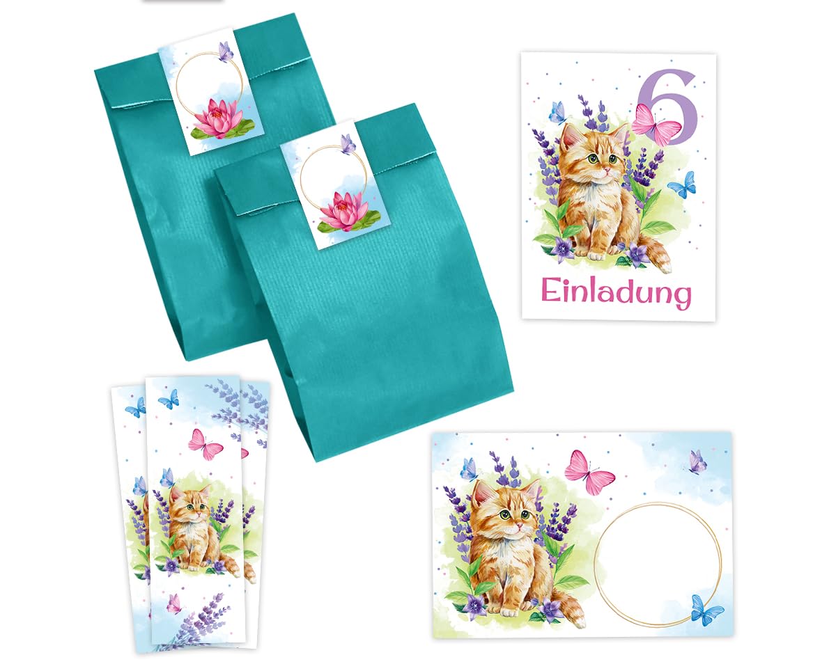 12 Einladungskarten Zum 6. Geburtstag Mit Katzen-Motiv – Inkl. Umschläge, Tüten & Aufkleber | Perfekt Für Mädchen-Geburtstagsparty