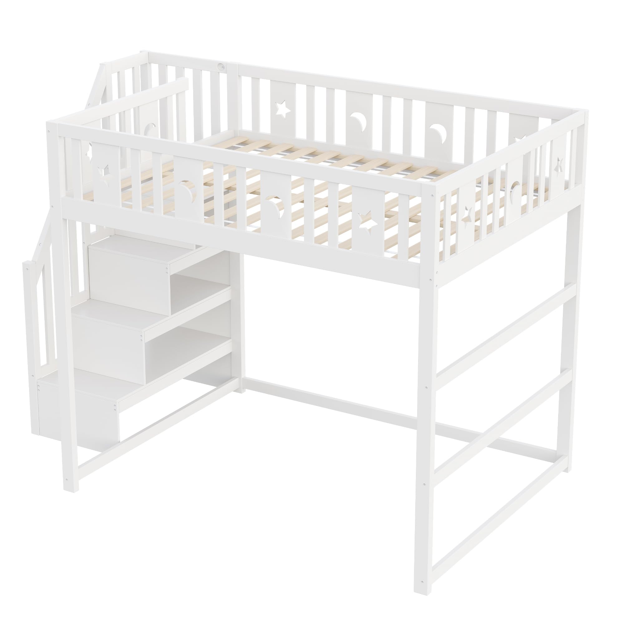 Etagenbett 140x200 cm, Kinderbett mit Treppe | Ohne Matratze, Holzbett mit Stern- und Monddekoration, Bett für Kinder Jugendliche Massivholz Weiß