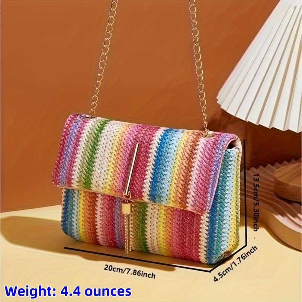 Straw Crossbody Bags for Women Trendy Fashion Tassel Decorated Summer Beach Casual Striped Pattern Flap Shoulder Bag - Image 5