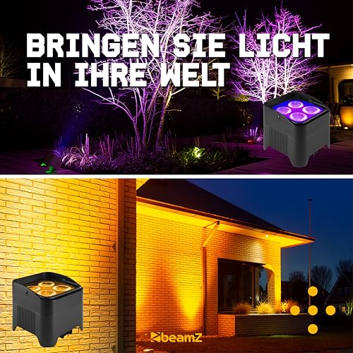 BeamZ BBP94W Uplight LED Par Strahler, 4er Set mit Tasche, 4 x 10 Watt, Akku Bühnenbeleuchtung 4er Set für DJ Pult, Bühnenlicht, DMX-WLAN, Partylicht Musikgesteuert, Bühnenequipment, Fernbedienung