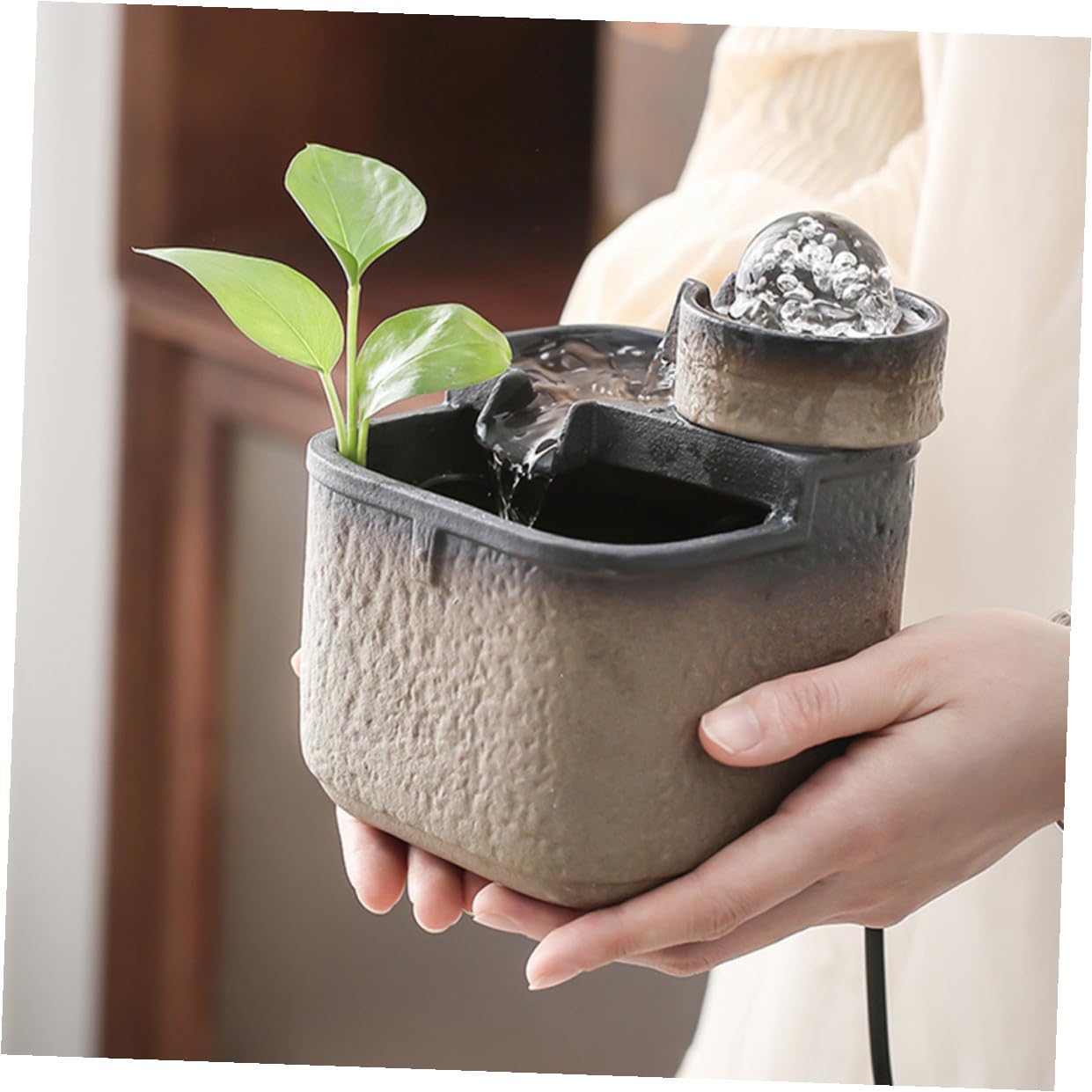 Ceramic Desktop Waterfall Ornament Fountain with Rotating Ball for Office and Home Desk Decor Indoor Tabletop Water Feature Adornment Feng Shui Lucky Flowing Water Design