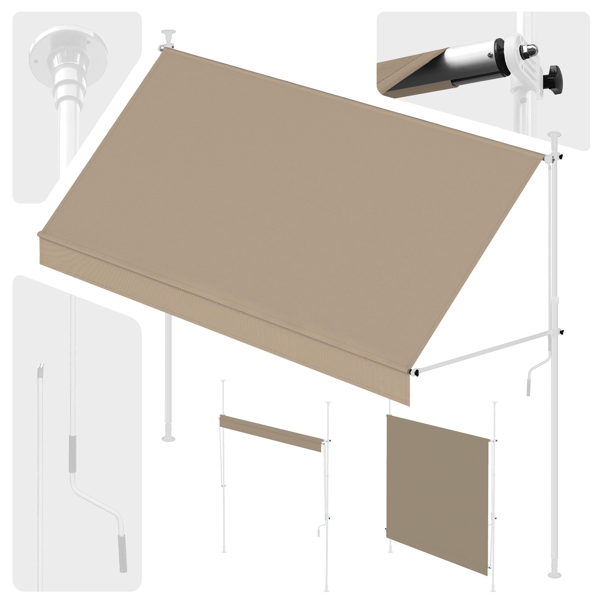 Wasabi - Toldo Retráctil Exterior 300x120cm Cityline - Altura Ajustable - Montaje Suelo y Pared sin Taladrar - Lona Beige Protección UV - Inclinación Regulable - Jardín Balcón - Estructura Blanca