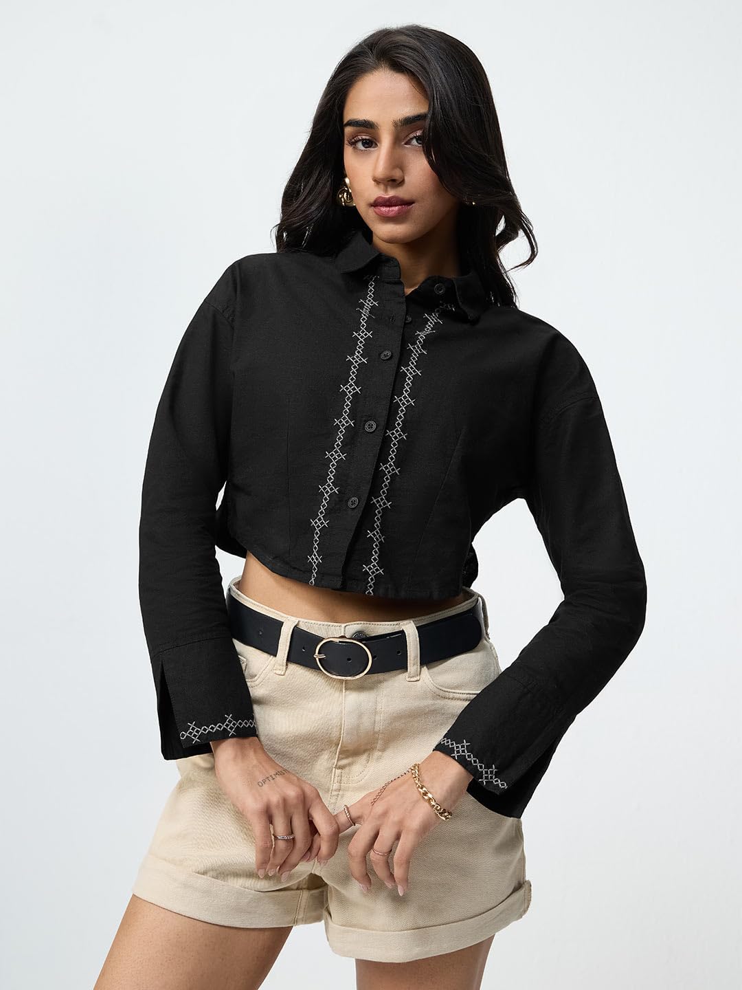 The Souled Store Dark Mystery - Camicia da donna e ragazza a maniche lunghe con colletto largo in cotone e lino ricamato nero, vestibilità oversize, traspirante, leggera, per tutti i giorni