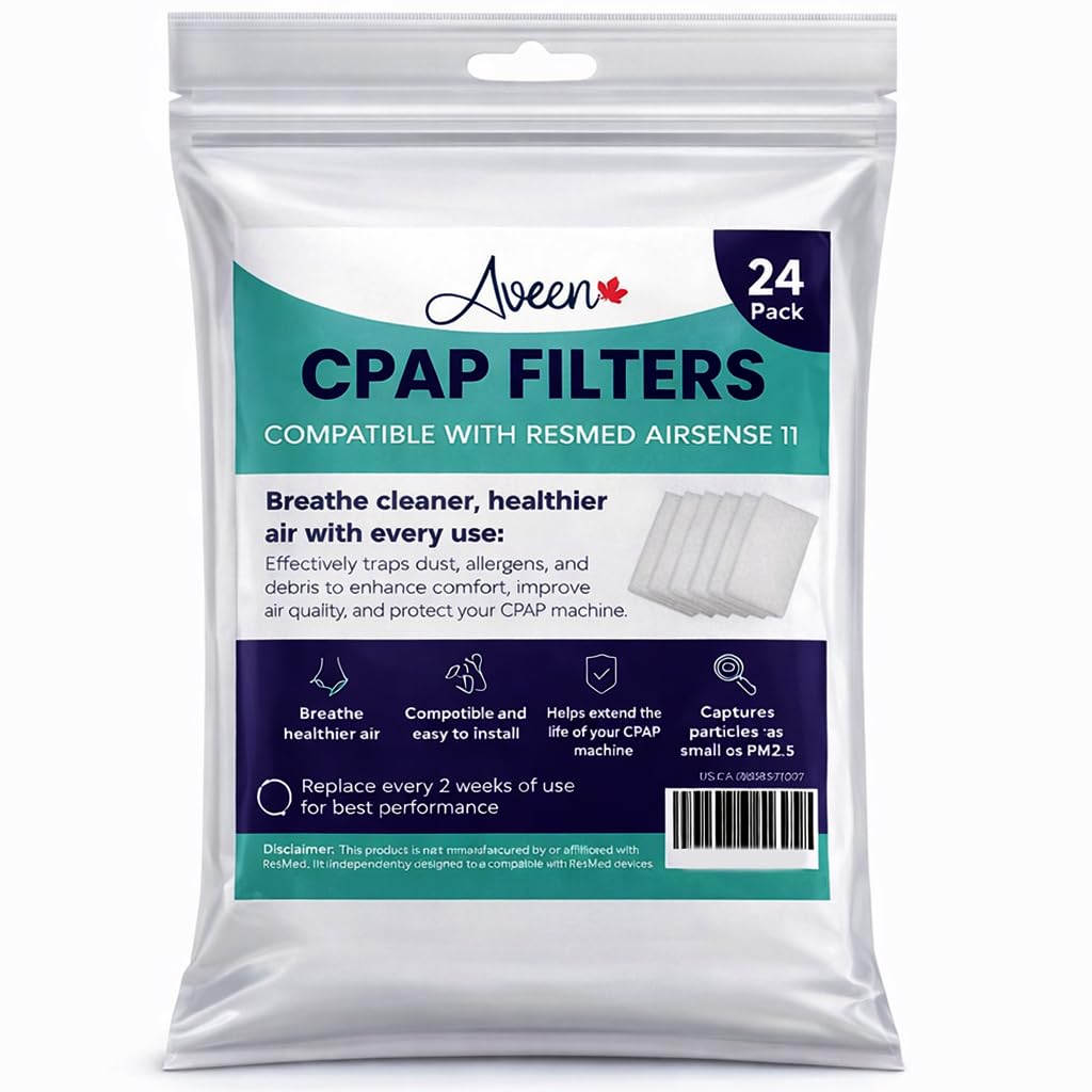 24 filtry maszynowe CPAP, kompatybilne z AirSense 11. Popraw swoje wrażenia z CPAP dzięki tym wysokiej jakości akcesoriom CPAP. Niezbędne akcesorium CPAP.
