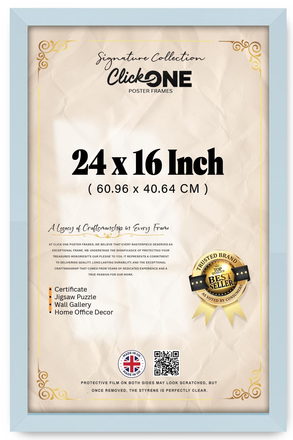 Click One Light Grey Photo Frame 24 x 16 Inches Poster Display with UV Protection Acrylic Hanging Hardware for Wall Mounting Display Picture Vertically or Horizontally MDF backboard