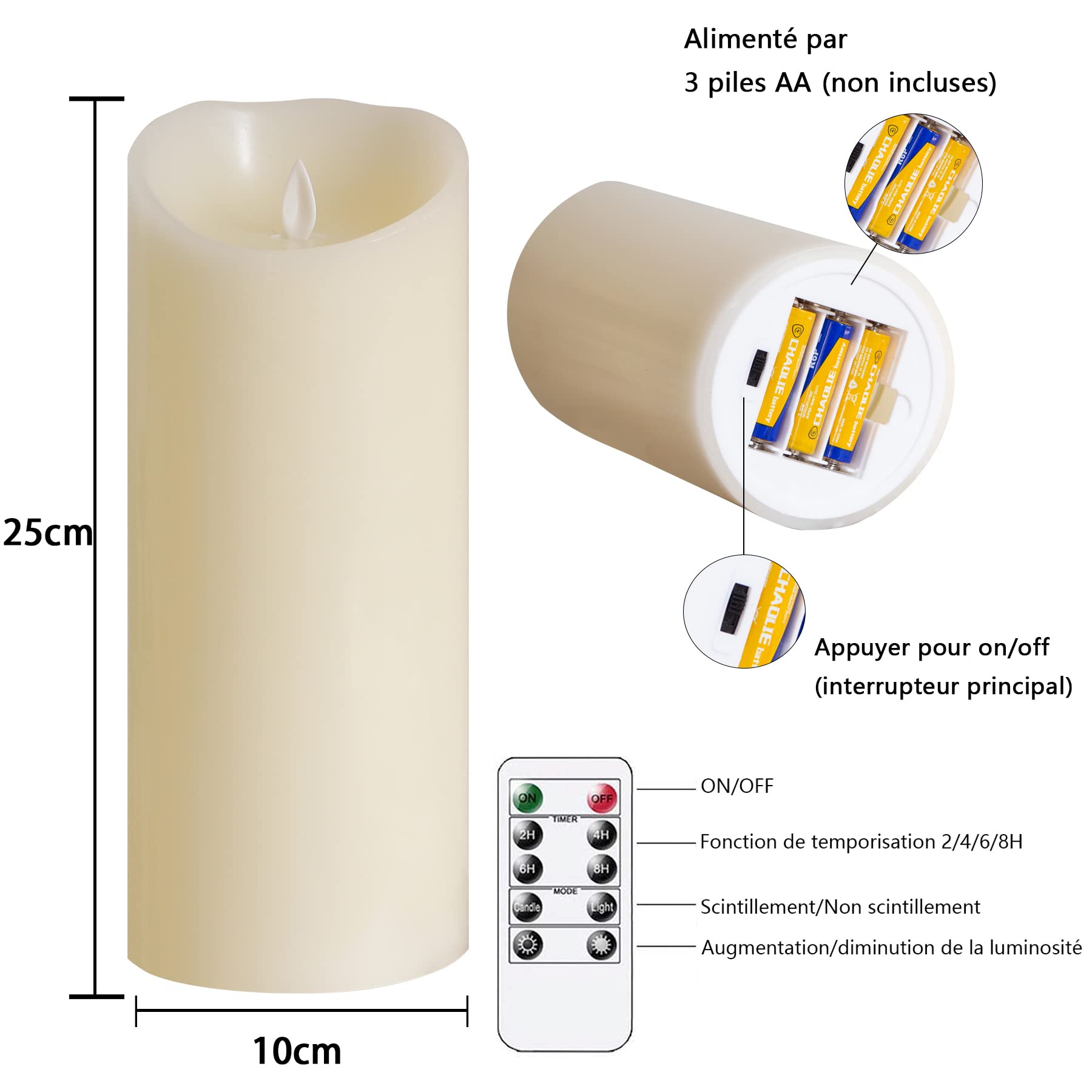 10 x 25CM bougies vacillantes sans flamme avec télécommande,bougies piliers LED en cire véritable fonctionnant sur piles,Ivoire Pack de 2 fausses bougies électriques de longue durée