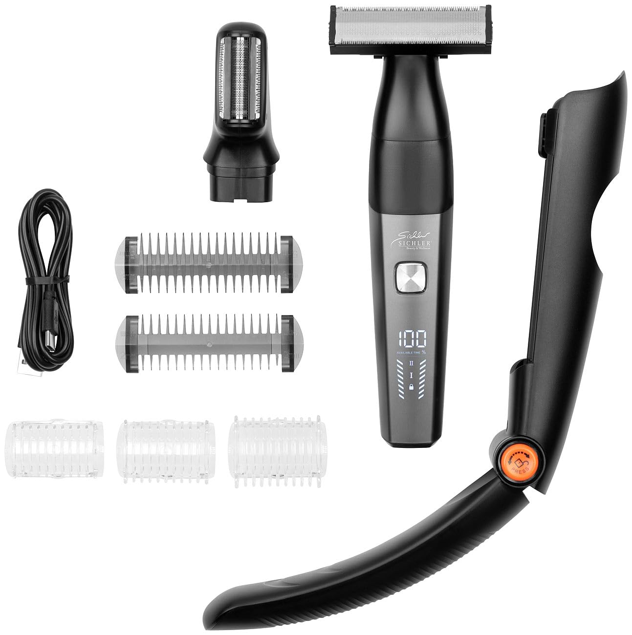 Sichler Men's Care Rasoir pour le dos : rasoir électrique sans fil et tondeuse à cheveux avec peignes (rasoir rechargeable pour les poils du dos)
