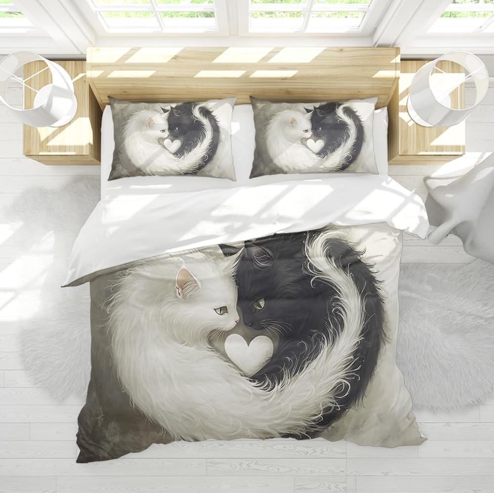 Housse couette chats Yin Yang 260x240 pour une chambre de Saint-Valentin romantique