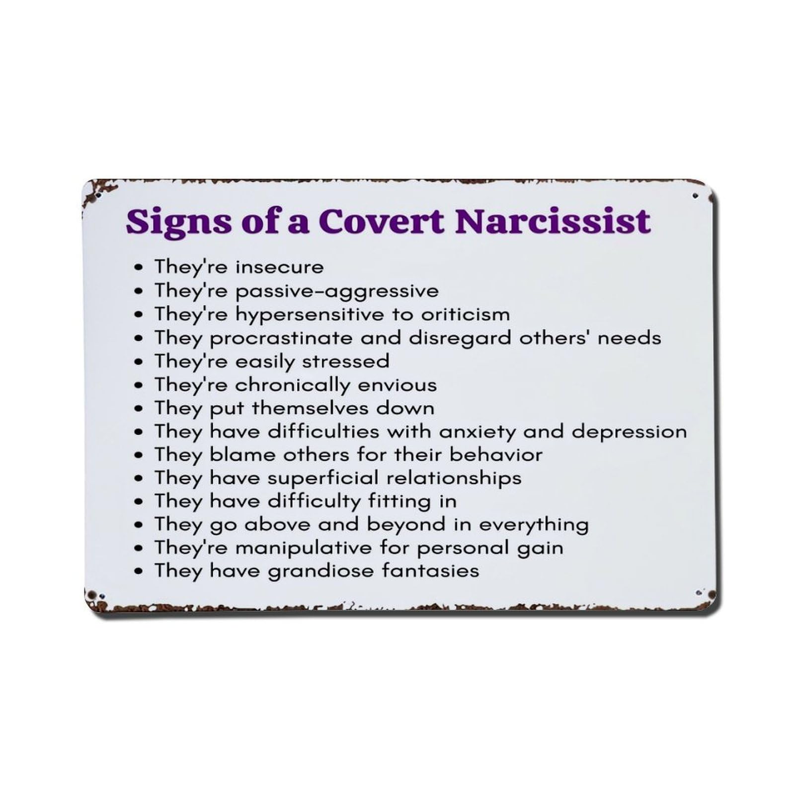 Nestemfo Vintage Signs Of A Covert Narcissist Tin Sign Metal Sign, Living Room,Bar, Home, Bedroom Wall Decor,Retro Metal Poster 8X12 Inches