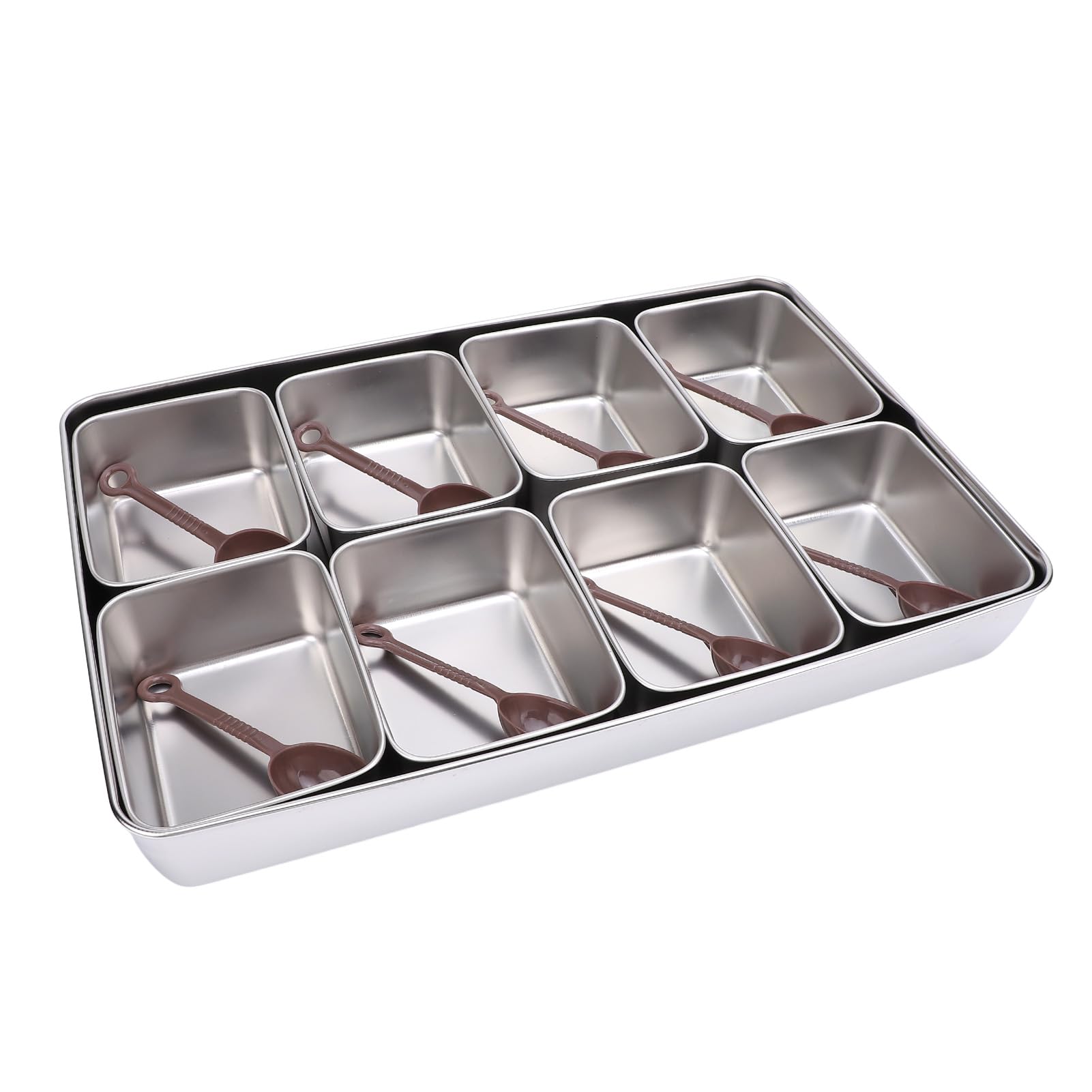 SIXRUN Gewürzbehälter aus Kunststoff mit 8 Behältern und 8 Löffeln, 17,7 X 11,4 X 2, Zoll, Obst-Serviertablett Für Bar, Salat, Buffet, Party, Küche, 4 Bis 248 Grad F (Edelstahl-Stil)