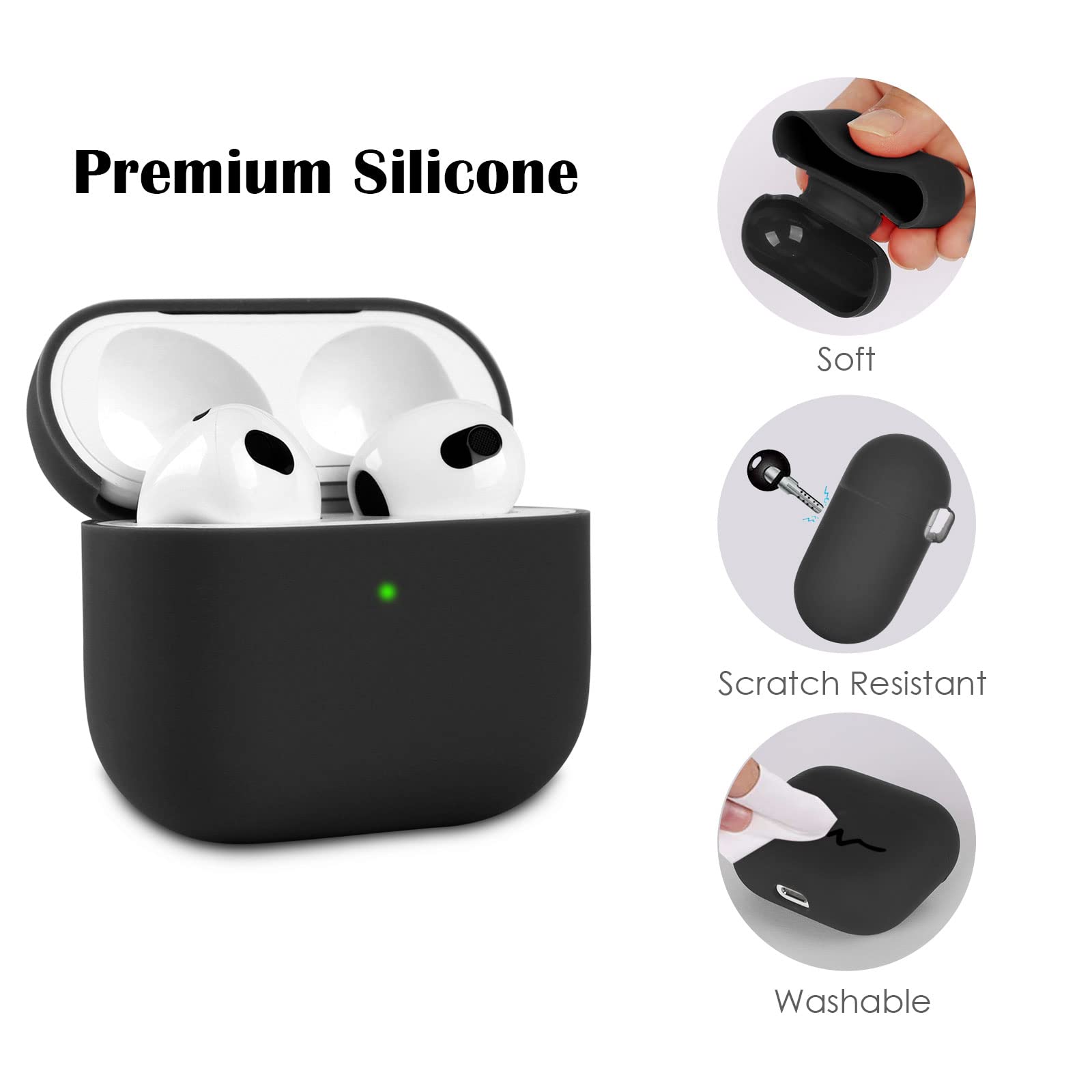 2 Piezas KOKOKA Funda de Silicona Compatible con AirPods 3.ª Generación 2021, Anti-rasguños Anti-Polvo Ultradelgada Funda Premium Silicona para Airpods 3, LED Frontal Visible, Negro/Gris — view 5