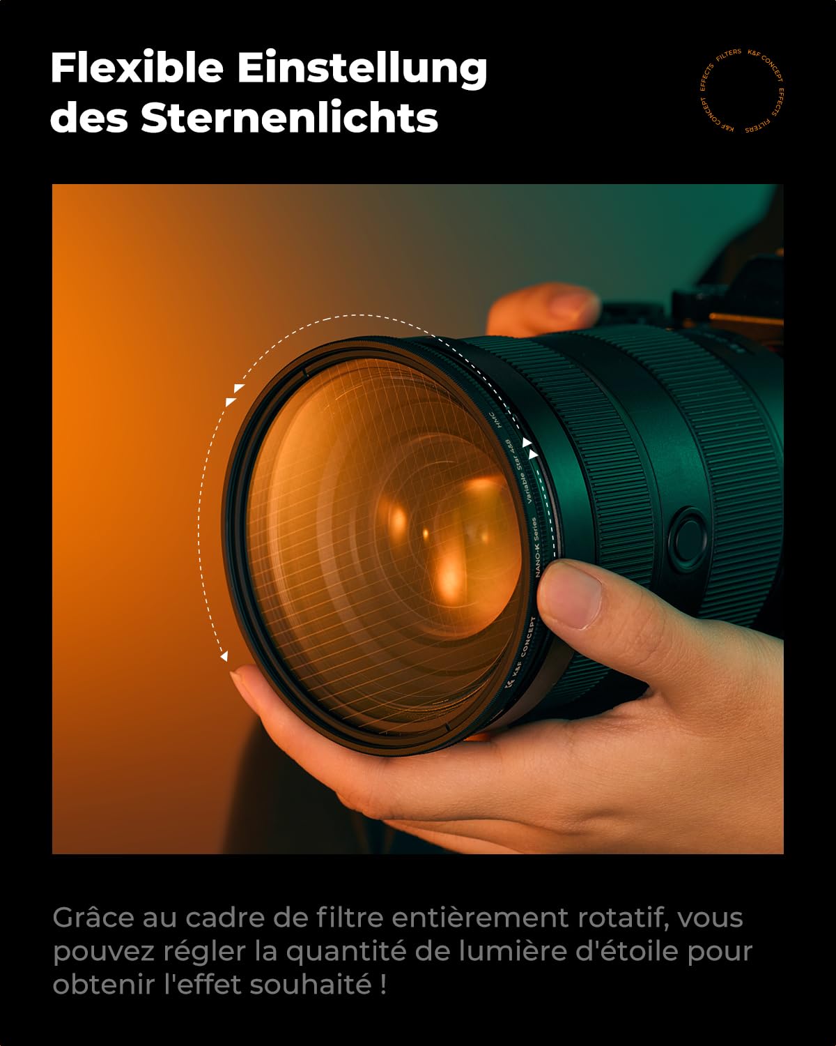 K&F CONCEPT Variabler 82mm Sternfilter 4 Punkte, 8 Punkte für Sternenlichteffekte (Nano-Klear)