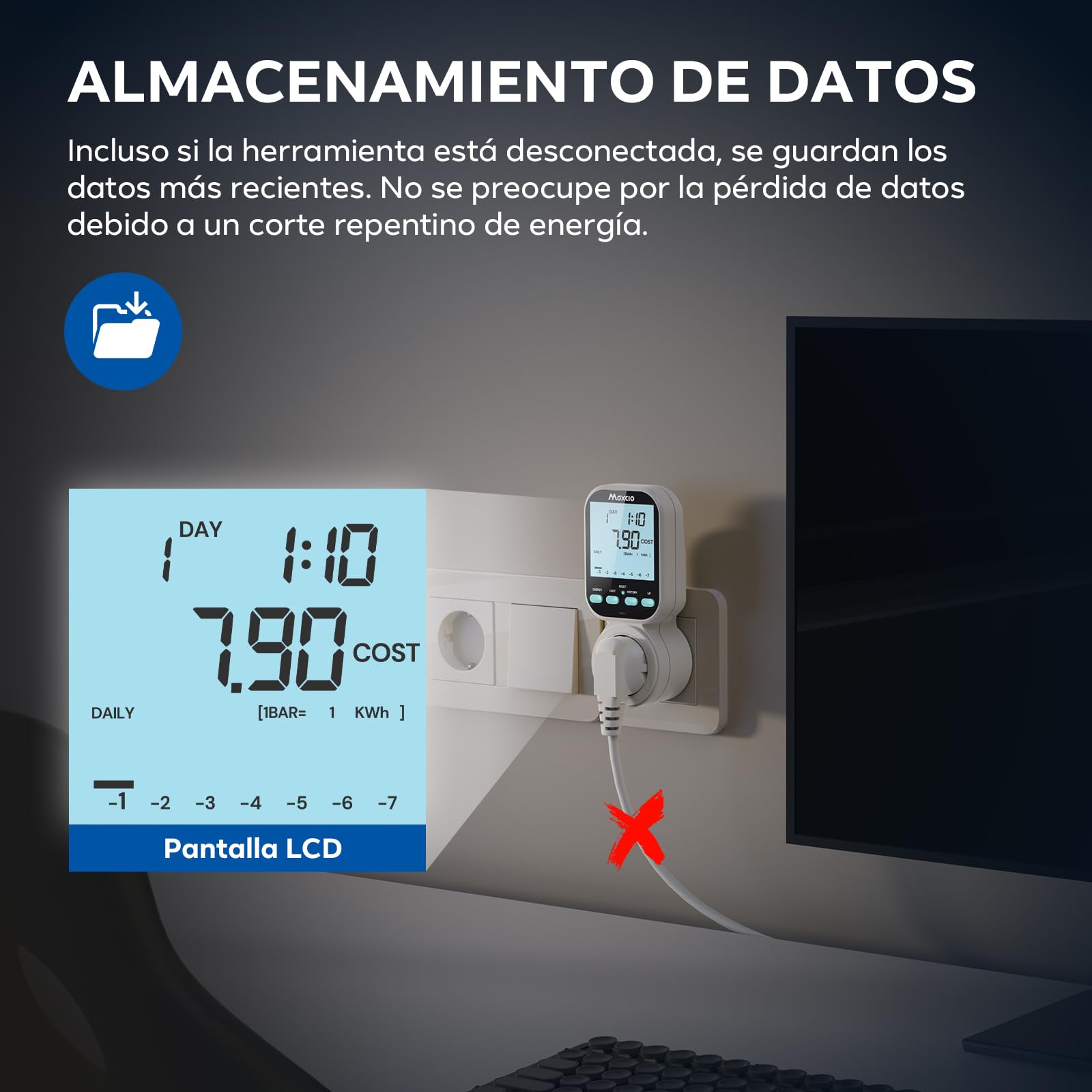 Maxcio Medidor de Consumo de Energía, enchufe de ahorro energético con pantalla LCD retroiluminada, 7 Modos Medidor de Consumo Electrico con Protección contra Sobrecarga, Nuevo Estilo