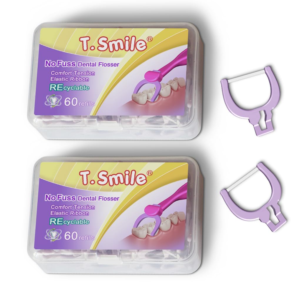 T.Smile Seniors NoFuss デンタルフロッサー 詰め替えヘッド 敏感歯茎に優しいソフトフレックスフロス フッ化物フリー (ソフトフレックスフロスリフィル120本 ハンドルは付属しません) ソフトフレックスフロスリフィル120本、ハンドルは付属しません。