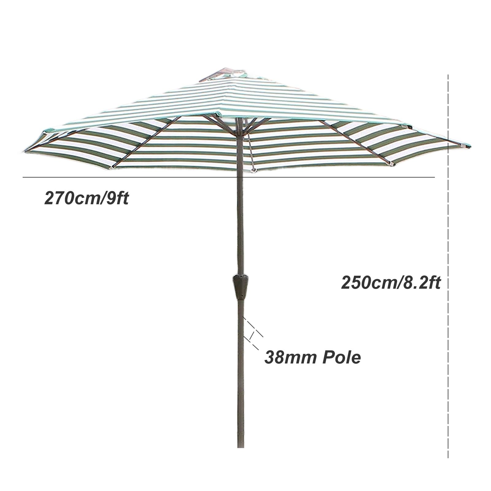 270 cm Parasol Patio z Korbą Ręczną, Zielony, Biały Pasek, Zewnętrzny Parasol Plażowy, Ochrona UV50+ Wodoodporny do Basenu, Werandy, Ogrodu, Podwórko