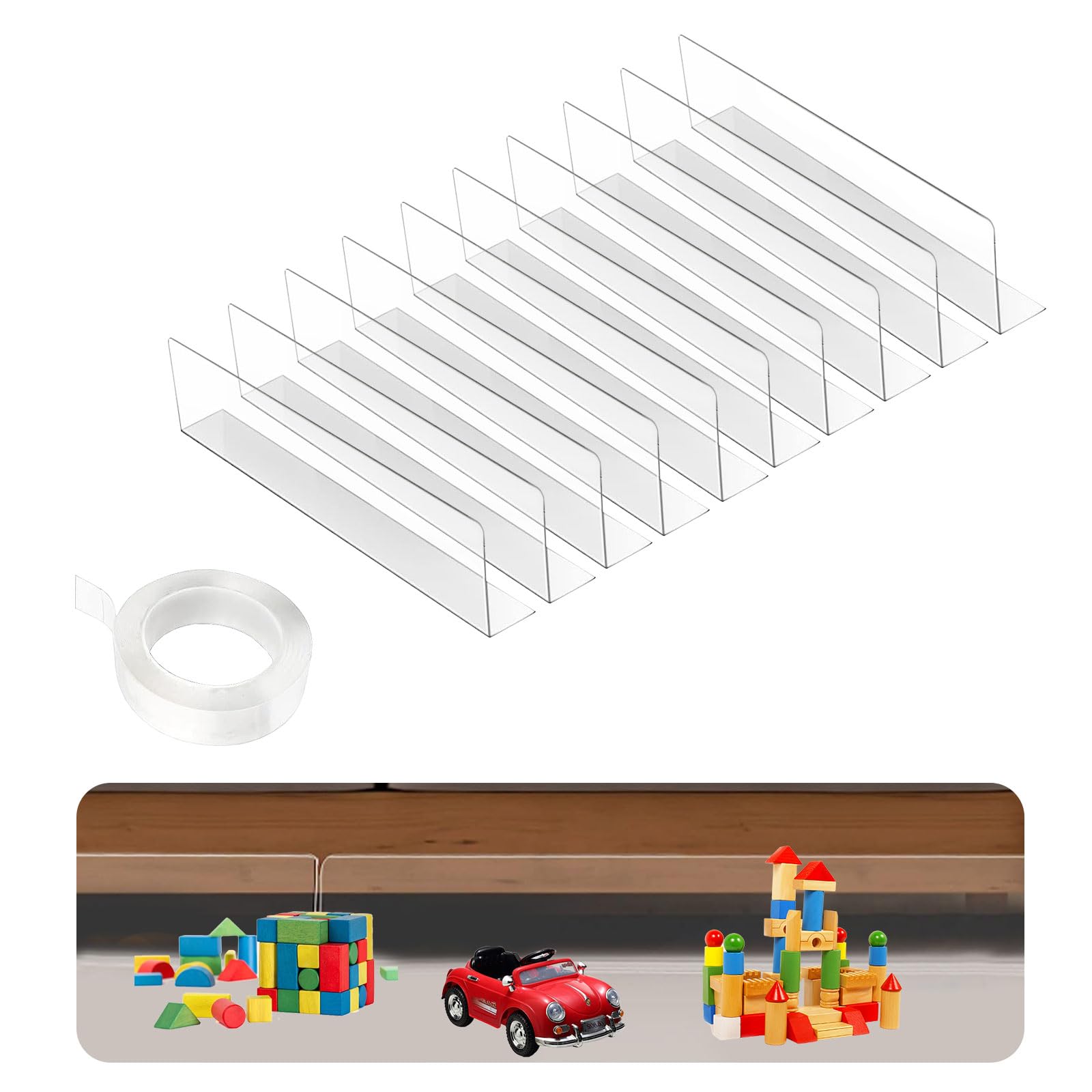 TOWEBOORY ソファー下ガード 10個入り ソファ下ブロッカー アクリル製 自由にカット 40*8*4cm ベッド下 おもちゃブロッカー 取り付けが簡単 透明 隙間ガード 猫犬用 強力なテープ付き 硬い床のみに対応