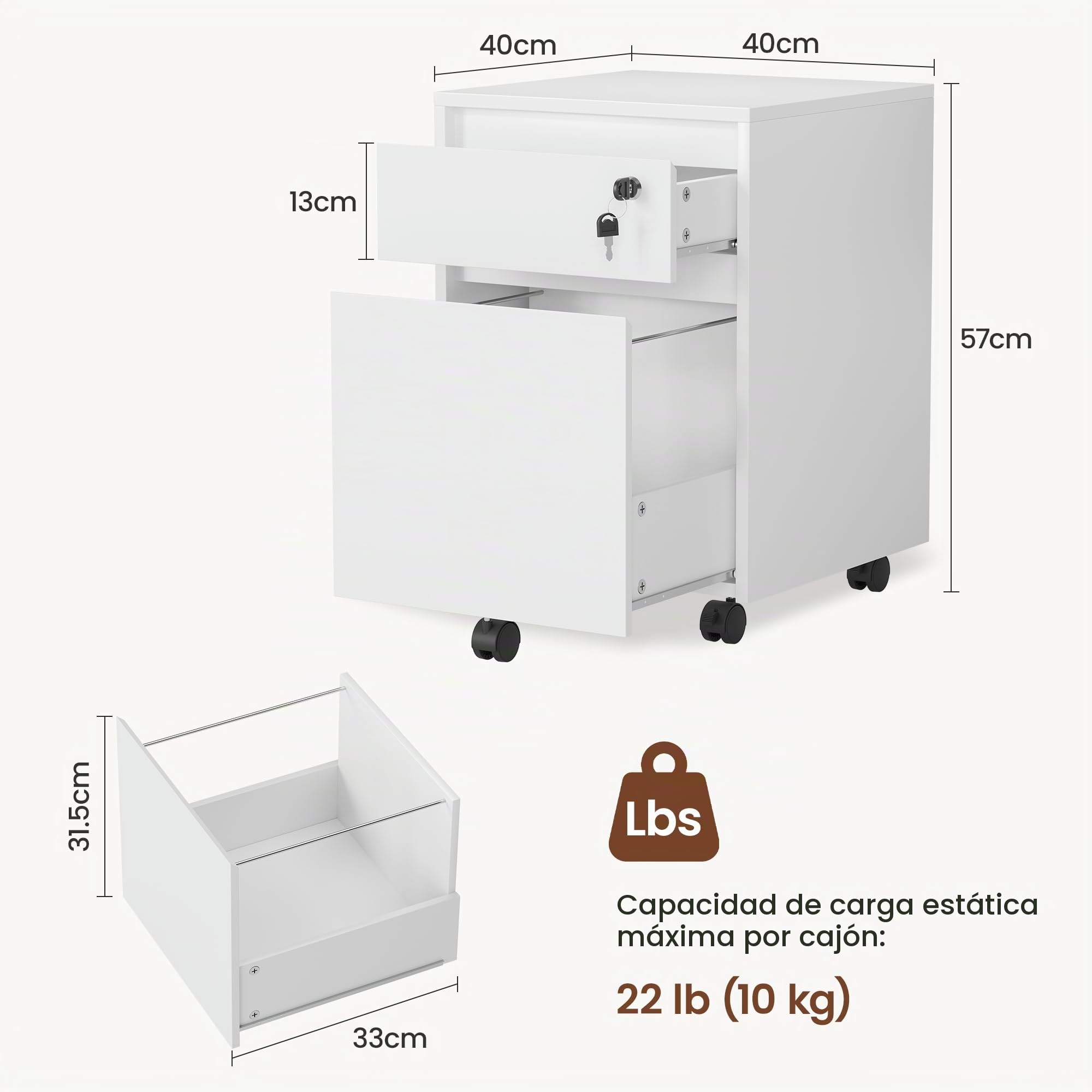 YOUDENOVA Cajonera Escritorio con 5 Ruedas, Cerradura, 2 Cajones Archivador con Barra Colgante, Cajonera Oficina con Ruedas Giratorias, Armario Almacenamiento para Papel A4, 40X40X57 CM, Blanco