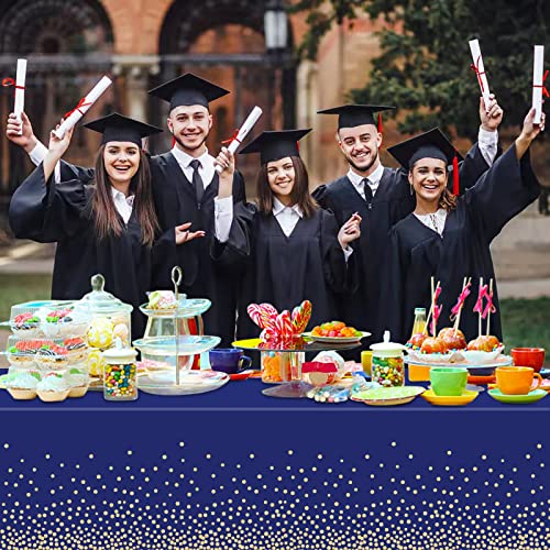 Image of 12 Pcs Navy Blue Plastic Tablecloth Gold Dot Blue Table Cloth, 54x108 inches Disposable Gold Dot Confetti Dark Blue Table Cover for Anniversary, Friendsgiving, Fine Dining, Graduation Party Decoration