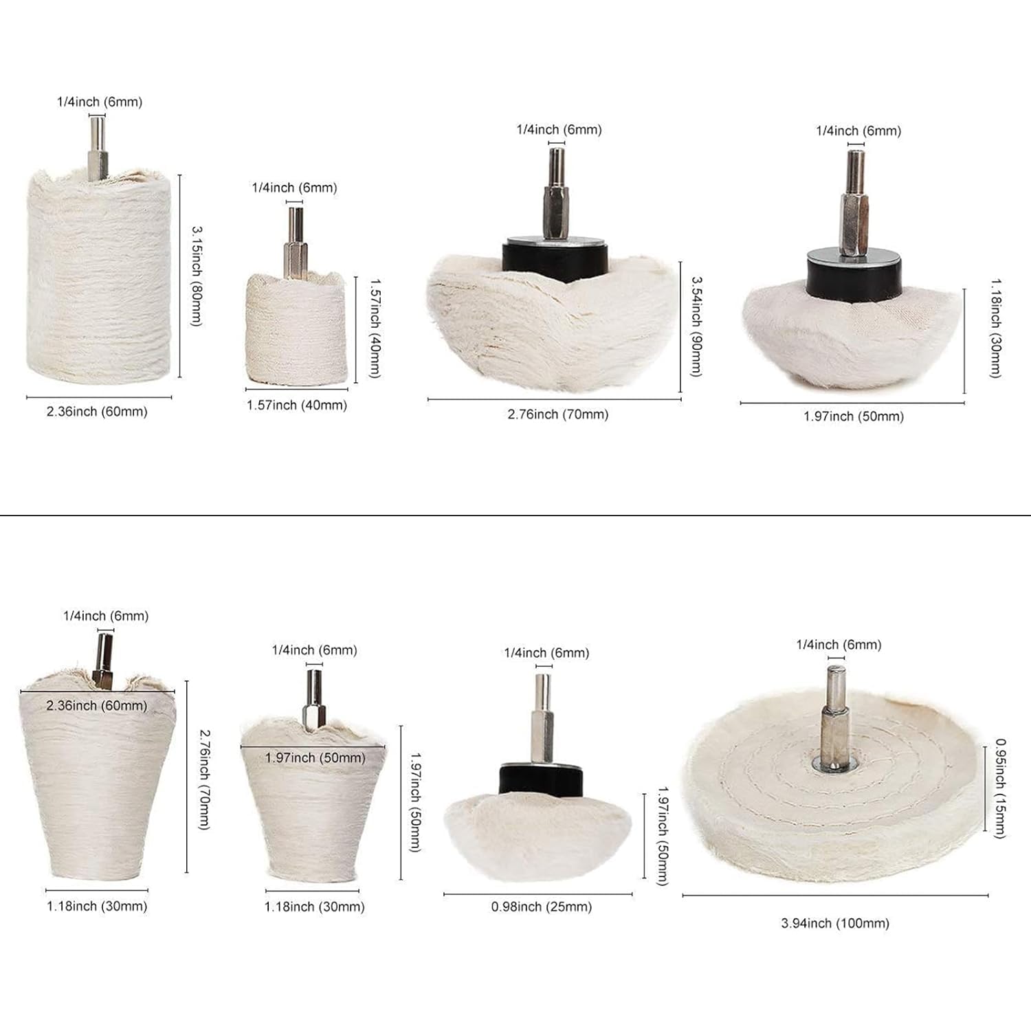 Polierscheibe für Bohrer, 8-teiliges Polierscheiben-Set, weiß, scheibenförmiges Polierwerkzeug mit 1/4-Zoll-Griff für Metall, Kunststoff, Keramik, Glas, Holz, Maschinenschmuck usw