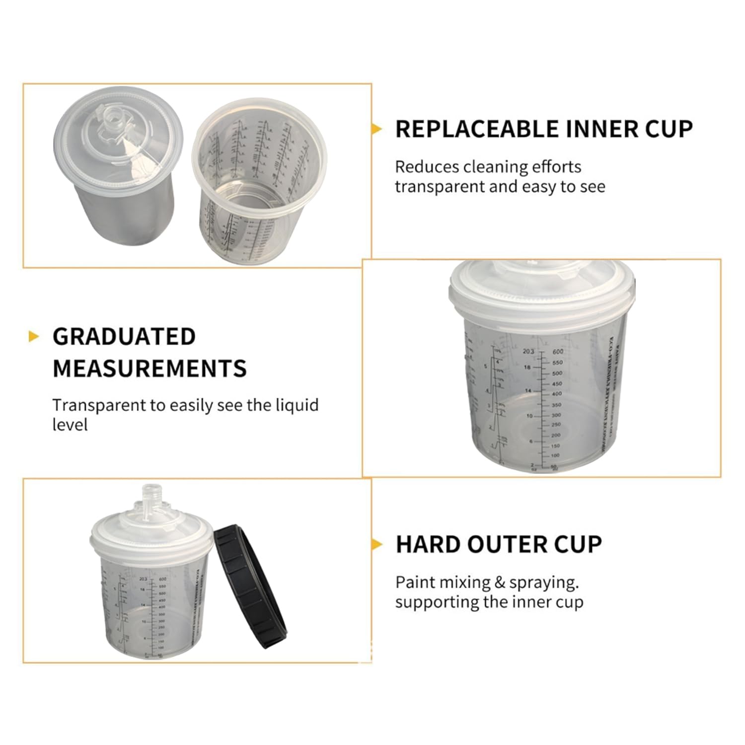 Juego de Taza de Mezcla de Pintura Desechable HVLP y LVLP,Kit de Vasos Mezcladores de Pintura con Tapa de 600 ML Que Incluye 30 Filtros,30 Vasos y Tapas,10 Tapones y 2 Adaptadores para Vasos