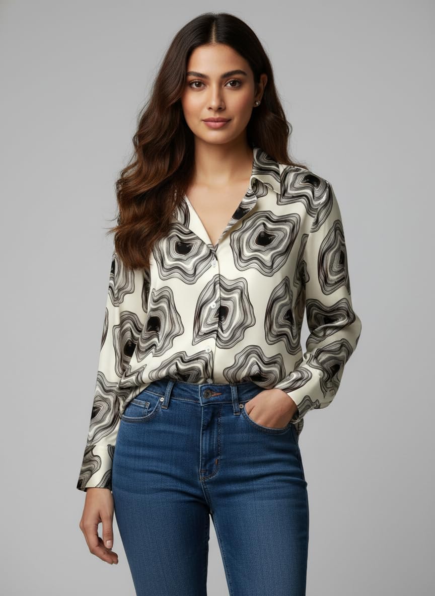ANNI Designer Bedrucktes Damenhemd aus Baumwollmischgewebe, langärmelig, normale Passform, Hemdkragen, legere Bürokleidung, elegante Western-Kleidung für den Alltag, Hochzeit, Party