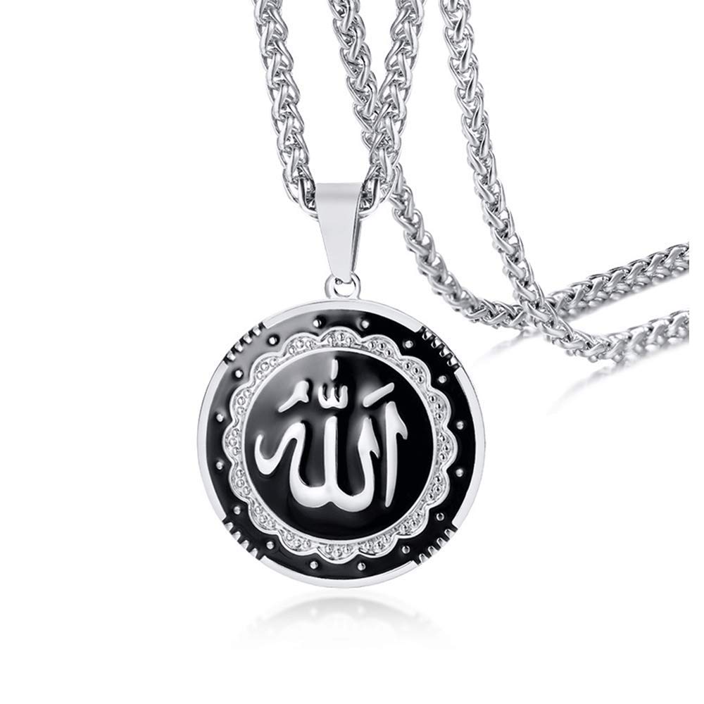 Rockyu Allah Necklace for Men Women Gold Stainless Steel Chain Black and Silver Coin Pendant Islam Muslim Arabic Symbol Religious Jewelry 24 Inch