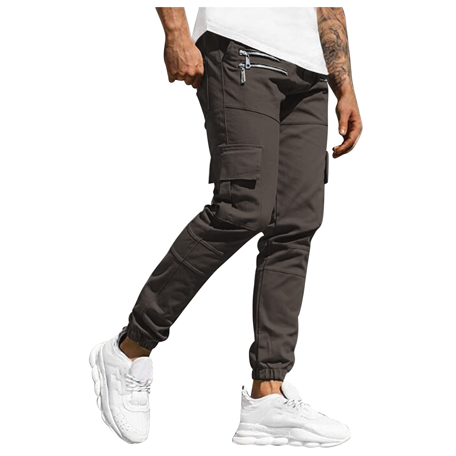ZHDD Mens Casual Pants Multi-Pockets Zipper Fashion Cargo Joggers Gym Elastic Cuff Long Pants Sports