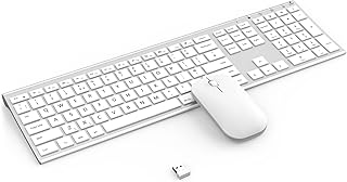 Wireless Rechargeable Keyboard and Mouse Set, 2.4G USB Keyboard Mouse, Ultra Slim Full Size Quiet QWERTY UK Keyboard and Mouse for Windows Laptop PC Computer Desktop, White and Silver