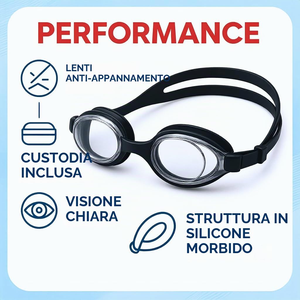 l&j Occhiali da Nuoto Ottici Performance con Diottrie Positive e Negative per Uomo e Donna – Lenti Graduate Intercambiabili – Antigraffio Antiappannamento – Silicone Morbido Alta Visibilità
