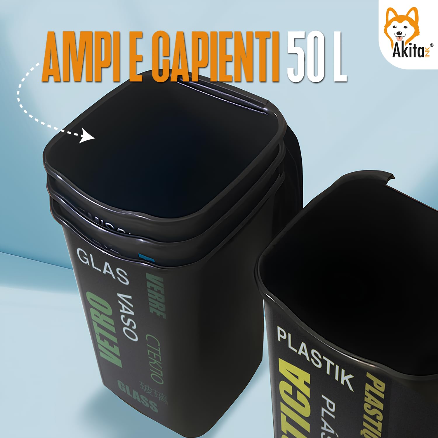 AKITAInk Set 4 Pattumiere Raccolta Differenziata con Coperchio - 50 Litri - AKIPOKERDESIGN con Scritte Carta, Plastica, Vetro, Misto | Design Funzionale e Capiente
