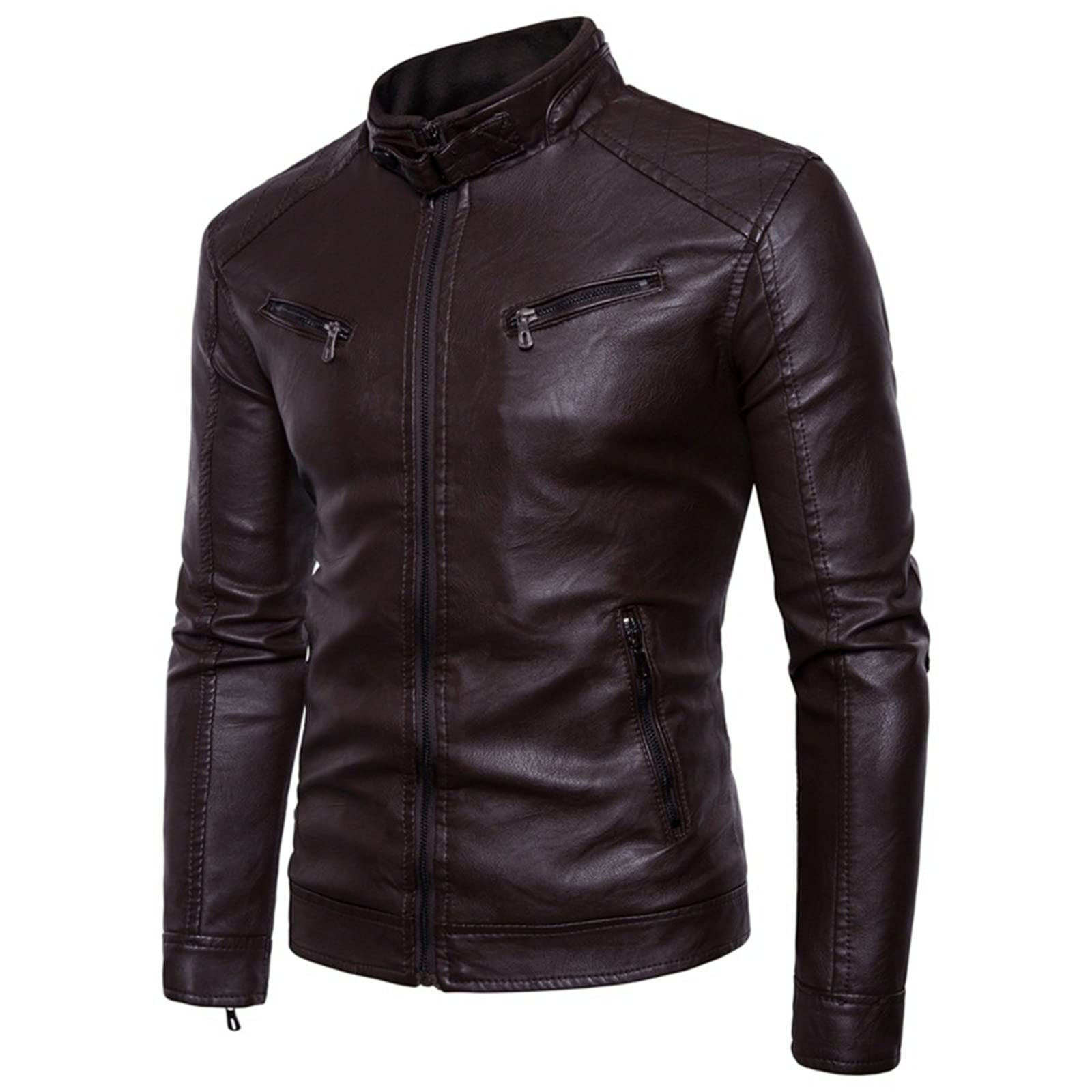 Chaqueta de Cuero para Hombre Chaqueta de Cuero de Cuello Alto Vintage Chaqueta de Motociclista de Cuero sintético de Moda Prendas de Abrigo con Bolsillos con Cremallera