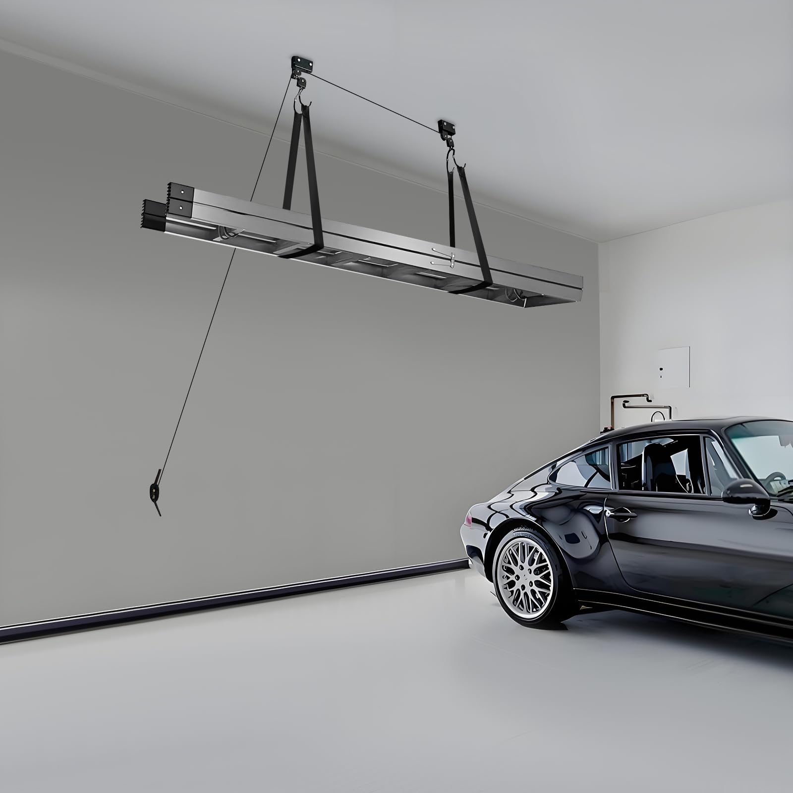 Kajaklift Deckenlift 57kg Dachboxlift Fahrradlift XL | 16m Seil & 2,35m Gurt, Rutschfeste Haken & Abschließbare Rollen, Für Decken bis 3,6m Höhe, Inkl. Montagezubehör