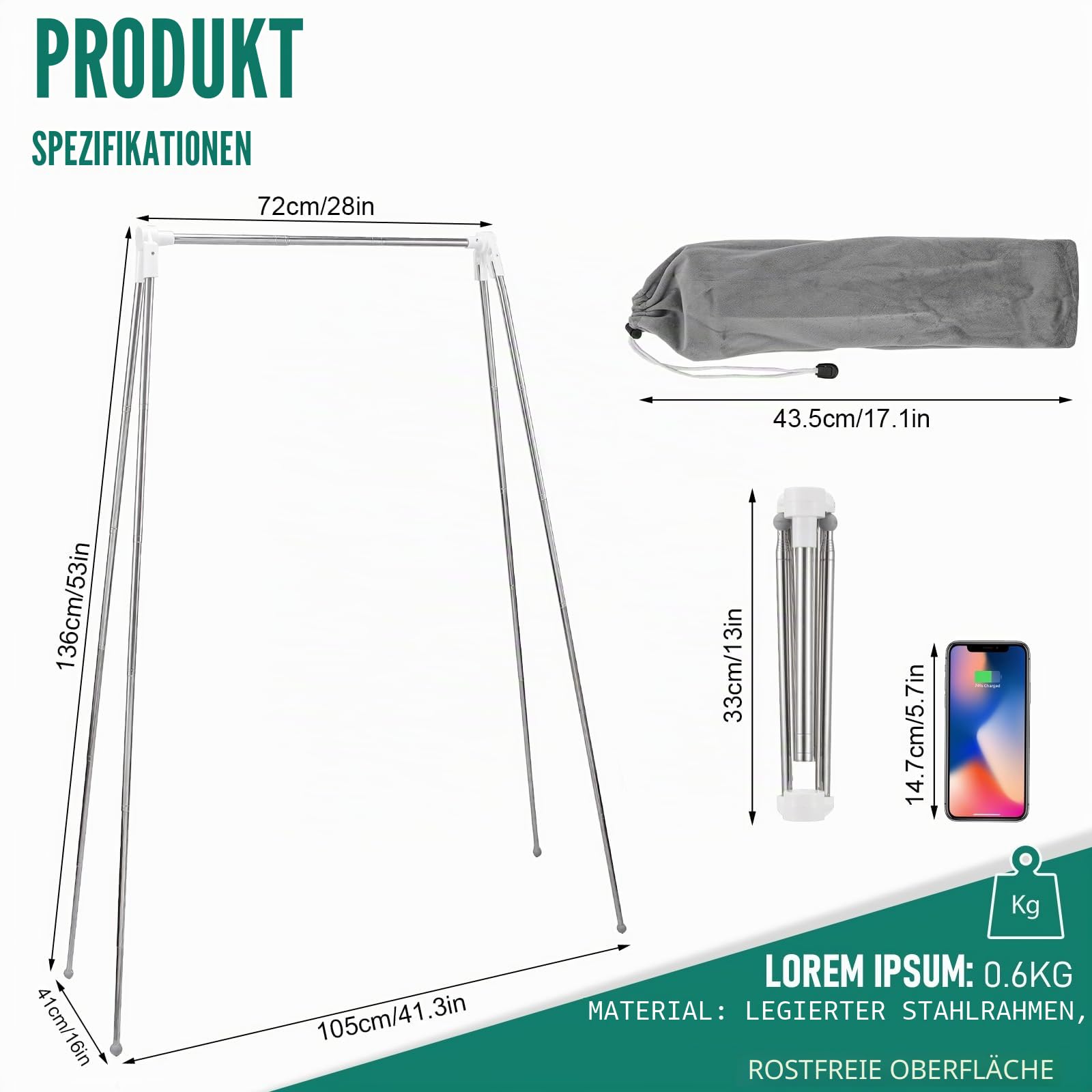Idong Tragbarer Wäscheständer aus Edelstahl, 32-73 cm einziehbarer faltbar Wäscheständer für Camping, Reisen, Outdoor, Wäscherei zu Hause usw. EIN zusammenklappbarer Mini-Reisekleiderständer
