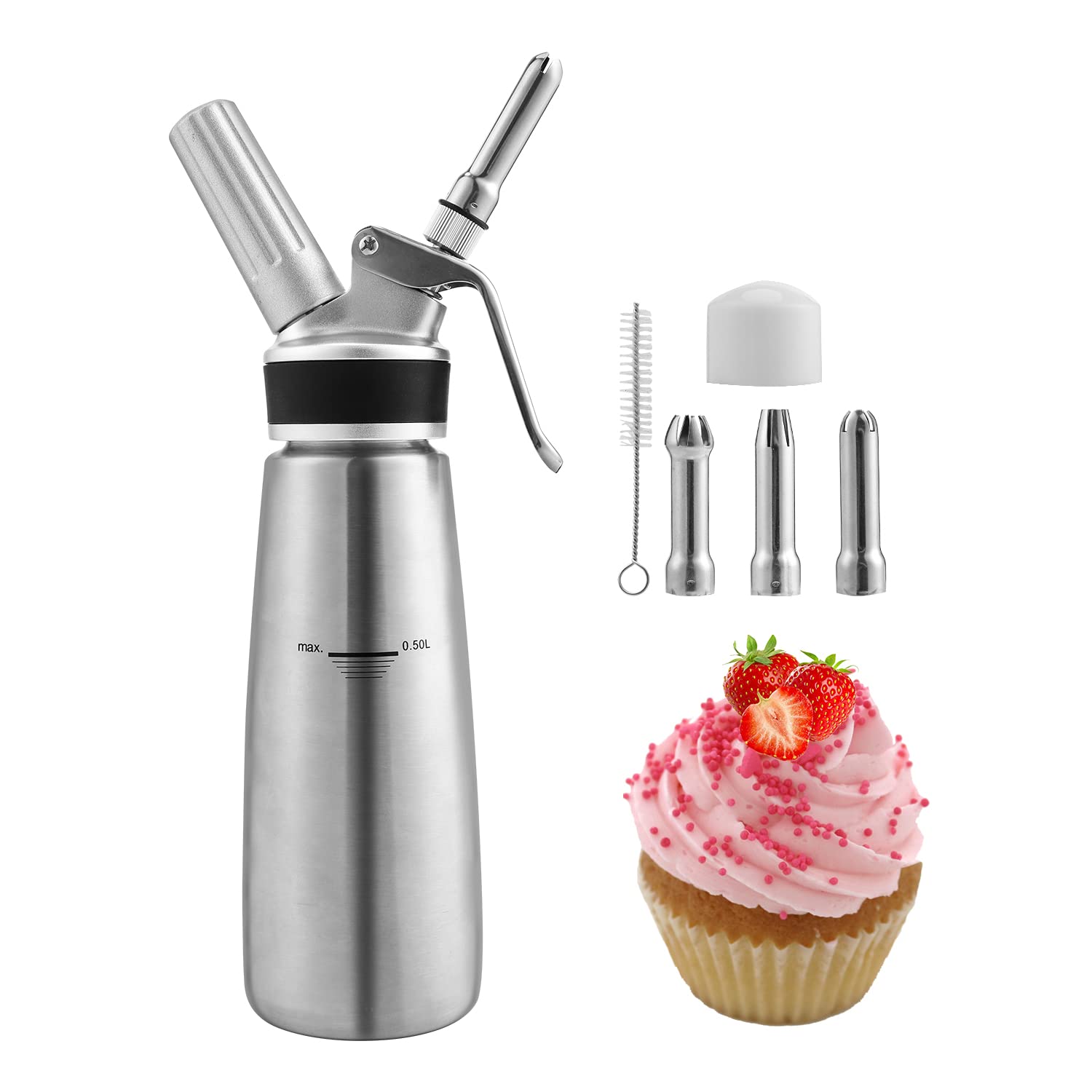 Sahnespender Aluminium/Edelstahl Sahnesyphon, 0,5 L Mit 3 Edelstahl Deko-Düsen und Reinigungbürste für die Zubereitung von Schlagsahne, Creme, Mousse (1x Edelstahl Sahnespender, Edelstahl)