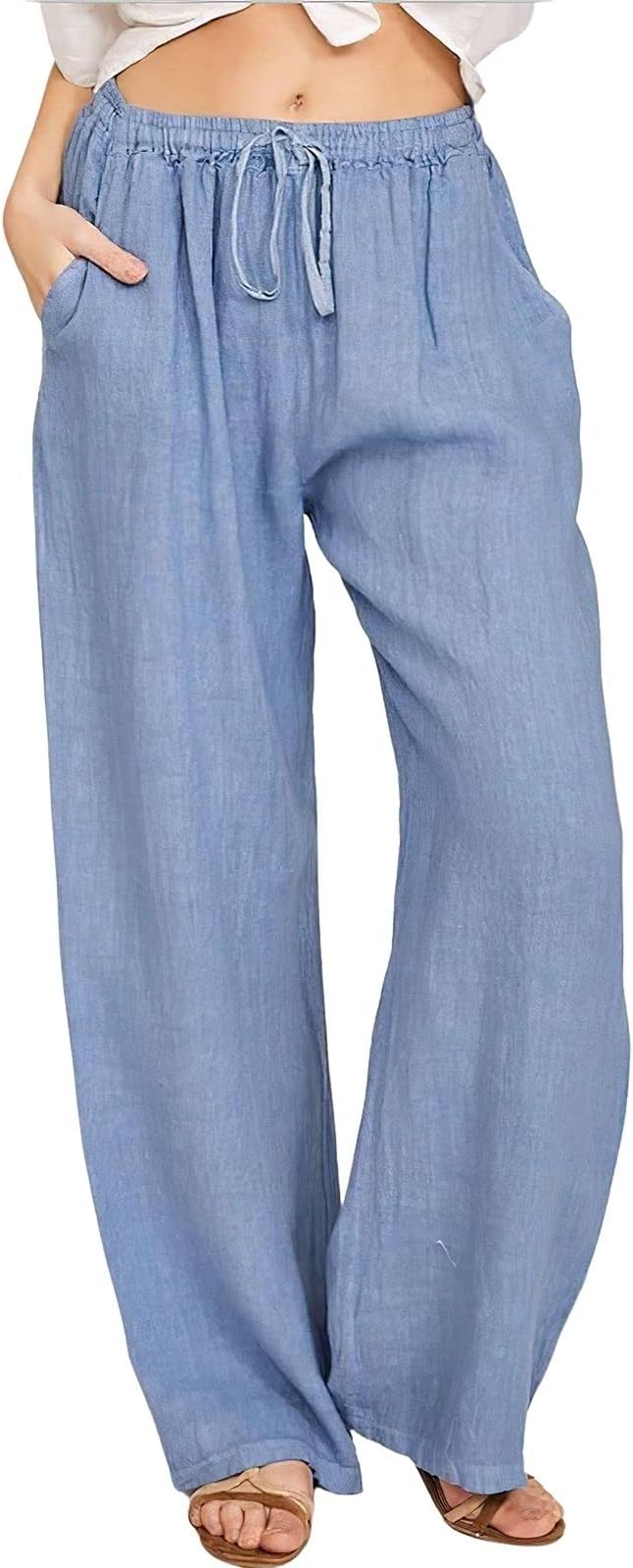ebossyWomen's Cotton Linen Pants Elastic High Waist Drawstring Wide Leg Lounge Palazzo Yoga Trousers