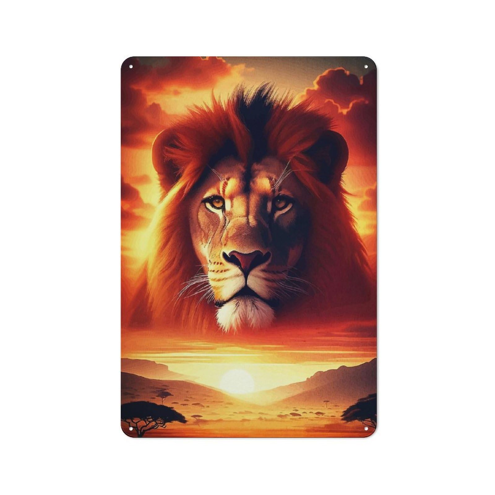 Junmoney Lion Portrait Sunset Retro Metal Wall Sign 30X20cm Featuring For Hallway Wall, For Garage, Workshop And Man Cave Decoration