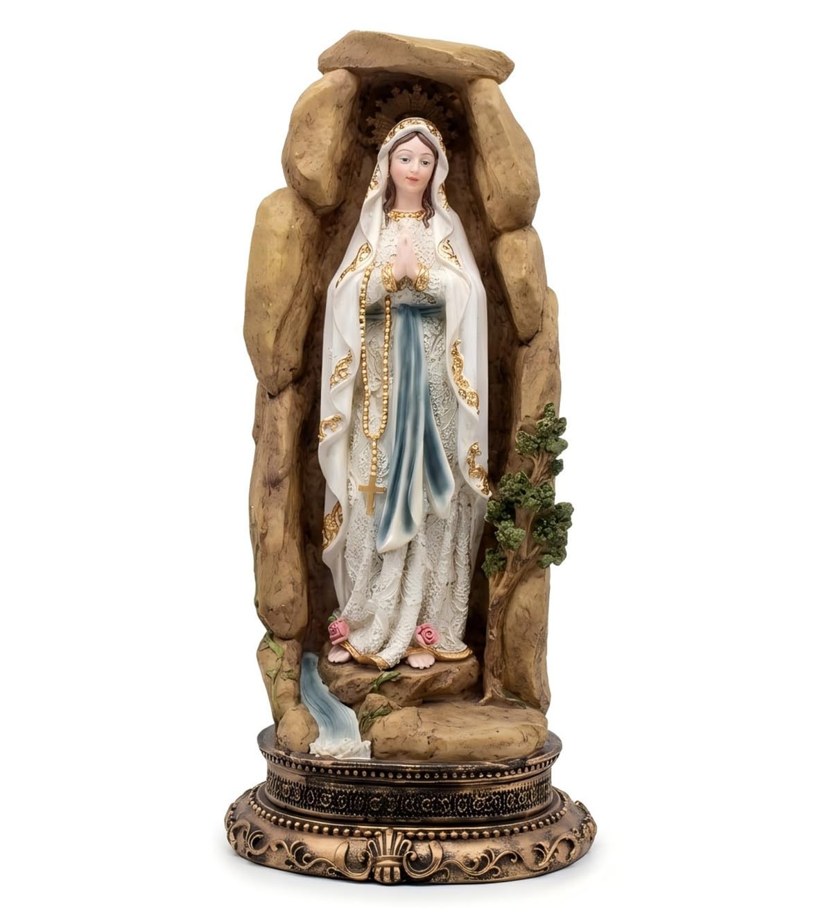 DurableDelights Our Lady of Lourdes Statue, 12.5" Virgin Mary Statue in Stone Grotto with Pedestal, Resin Catholic Home Altar Decor, Blessed Mother