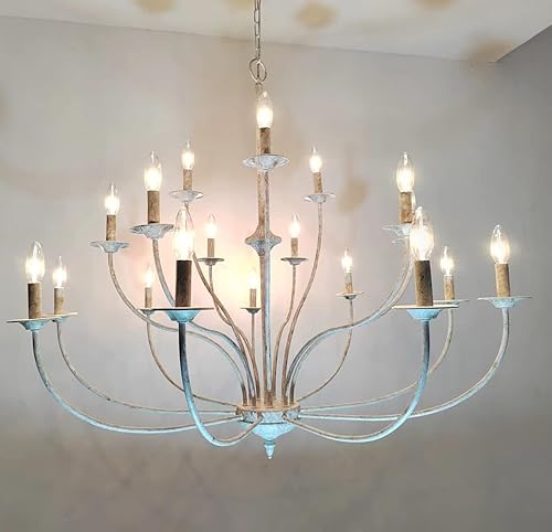 Maxax Candelabro de campo francés, lámpara de araña blanca antigua de 2 niveles y 9 luces, lámpara colgante de vela rústica de 31 pulgadas para