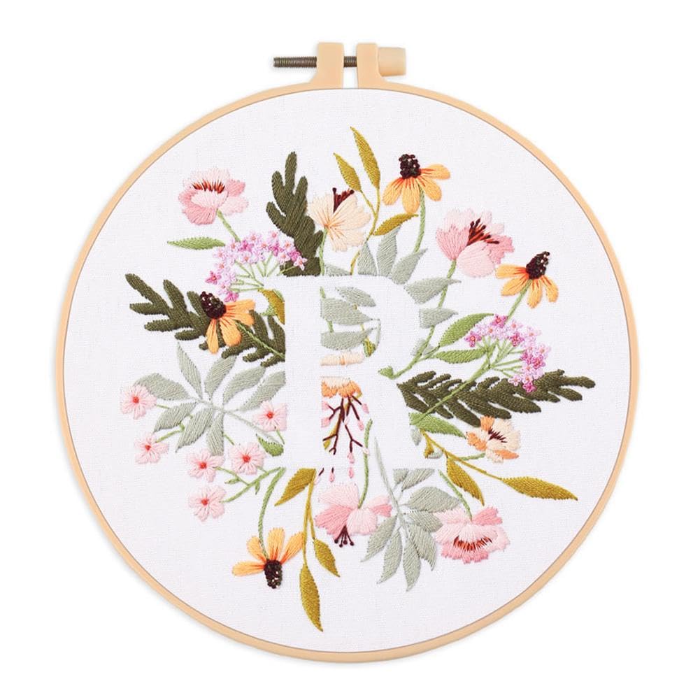 Cachpib R Embroidery Kit Fo Beginners, Embroidery Starte Kits Stamped Cross Stitch Kit With Floral Lette Pattern, Diy Embroidery Kit With Embroidery Cloth Hoops Instructions Needles Threads,
