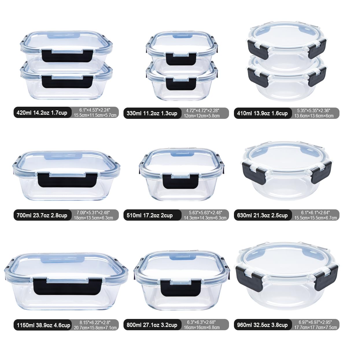 set contenitori vetro 24 pezzi (12 vasche+12 coperchi). Ermetici senza BPA, adatti microonde, Nero