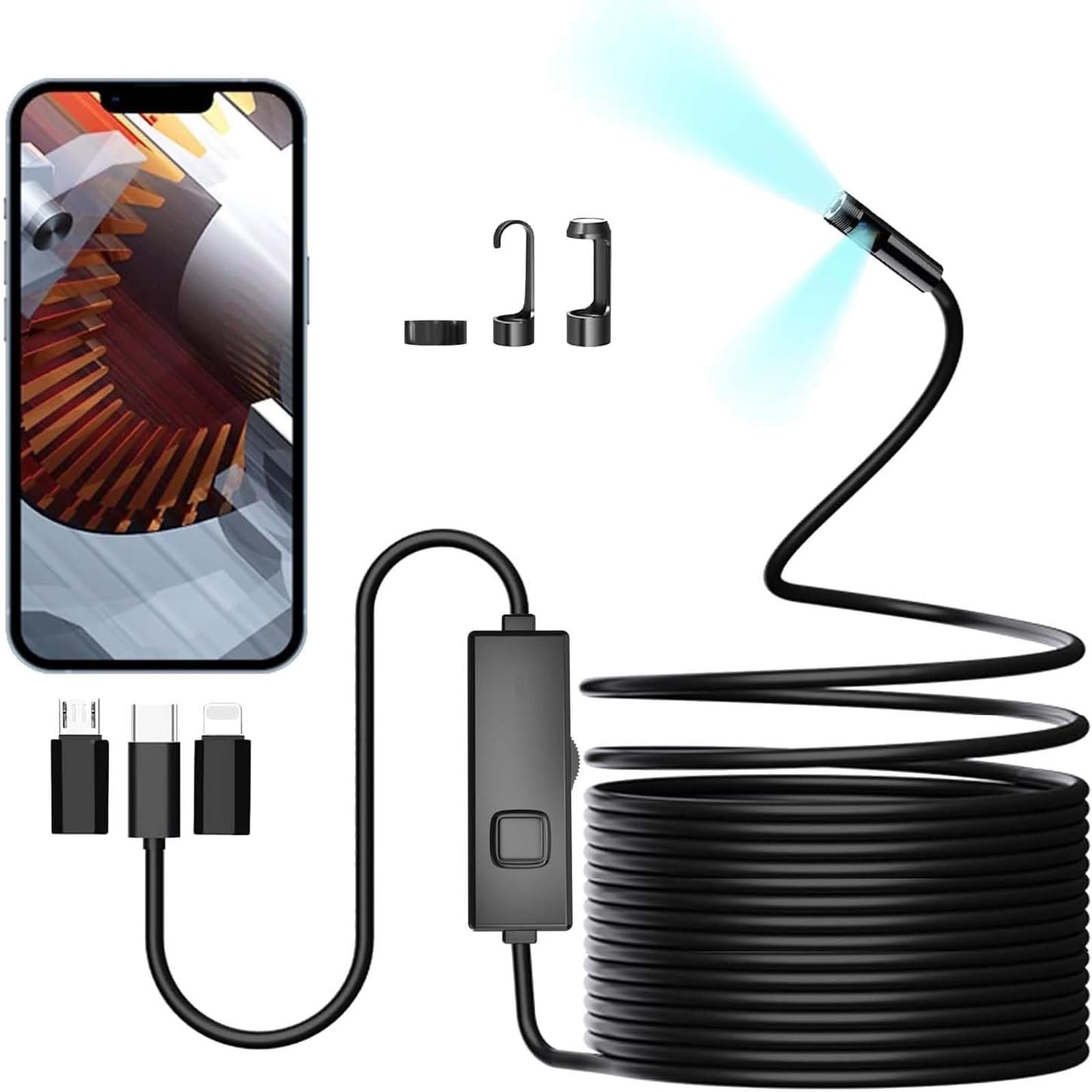 iPhone Endoscope, ILIHOME 7.9 mm Lens Inspection Camera for iPhone&ipad, 5 Meters Semi-Rigid Cable Borescope iOS IP68 Waterproof with 8 LED Lights (Dual Lens 3 Interface)-image-25