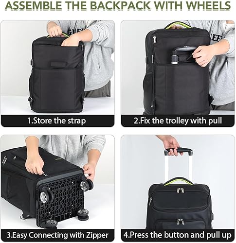 Miniatura 7 de Lekebobor Mochila con ruedas para computadora portátil de viaje, mochila de negocios con ruedas para hombres y mujeres, Negro -