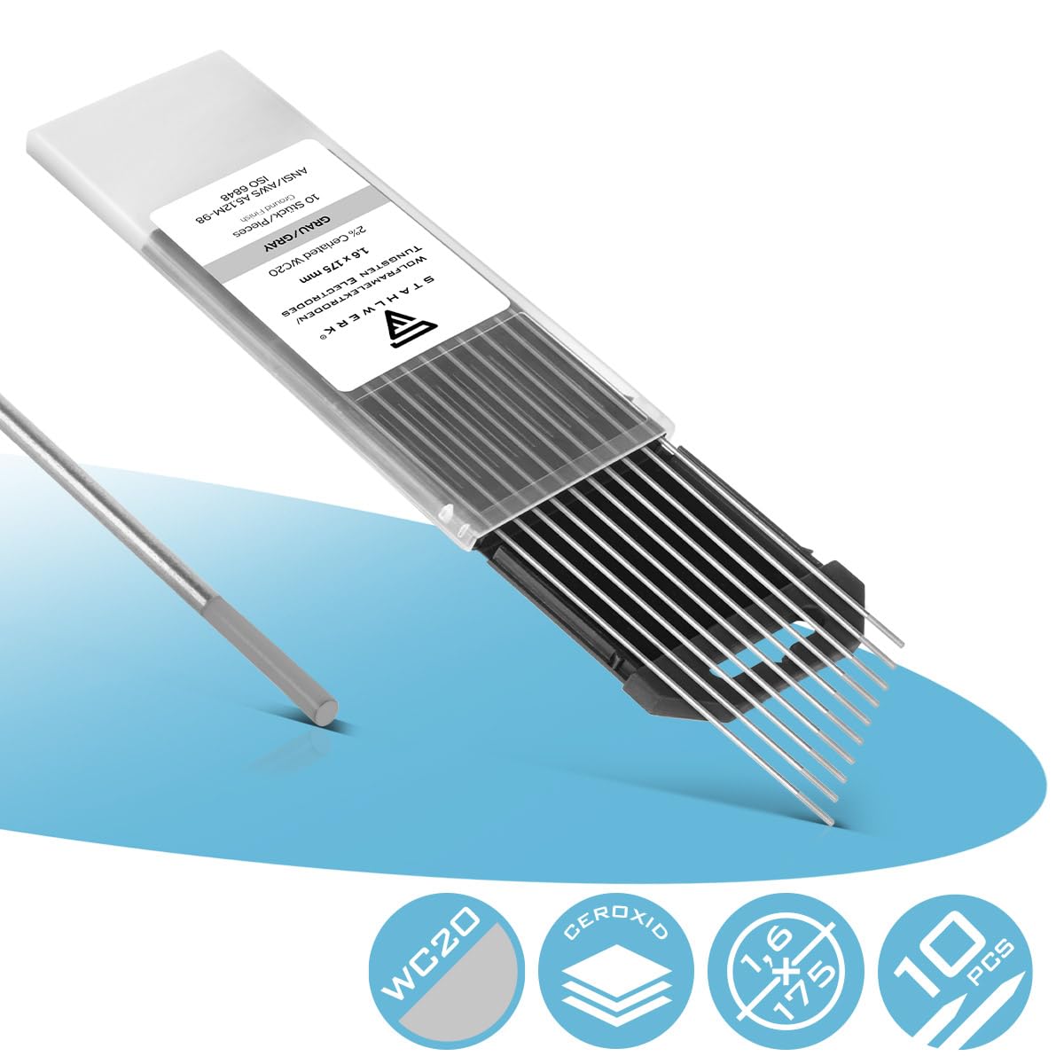 10 x STAHLWERK TIG electrodos de soldadura de tungsteno 1,6 x 175 mm WC20 Sin torio - Agujas TIG universales para acero, acero inoxidable, aluminio, cobre, gris, 10 pzs.