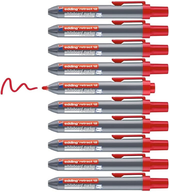 edding retract 12 marcador para pizarras blancas - rojo - 10 rotuladores - punta redonda 1,5-3 mm - sin tapa - para una sola mano - pizarras blancas/magnéticas, flipcharts, tablones de notas