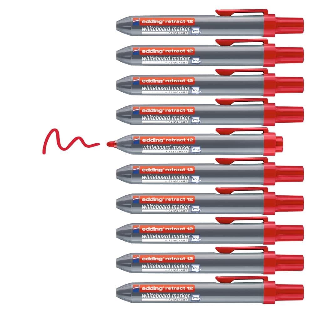 edding 12 Retract whiteboard marker - red - 10 whiteboard pens - round nib 1.5-3 mm - capless design - for one-handed use on whiteboards, flipcharts, magnetic boards, pinboards, memo boards