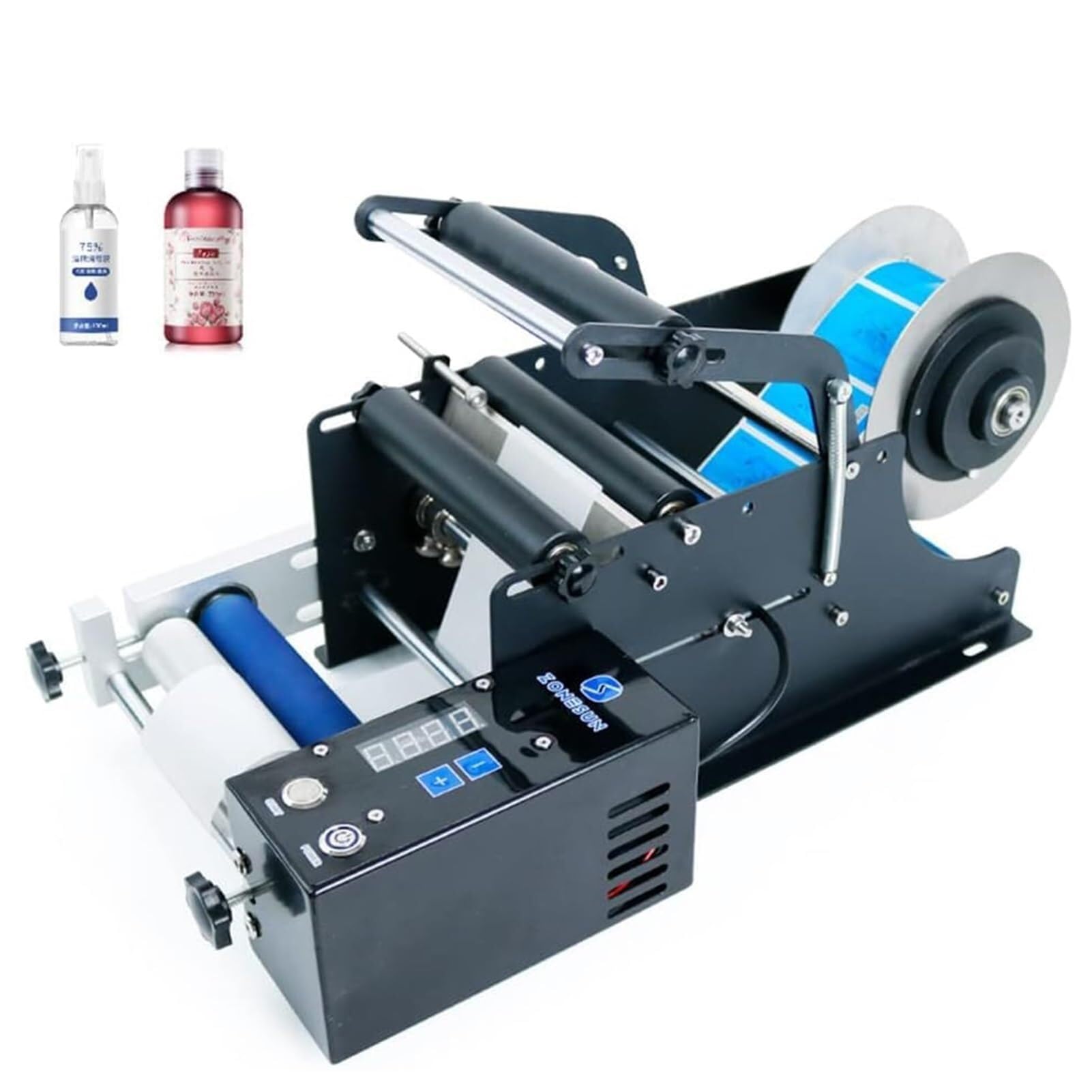 Elektryczny aplikator etykiet na okrągłe butelki maszyna do etykietowania 15-30 sztuk/min szklana plastikowa etykieciarka do butelek o średnicy 15-120mm