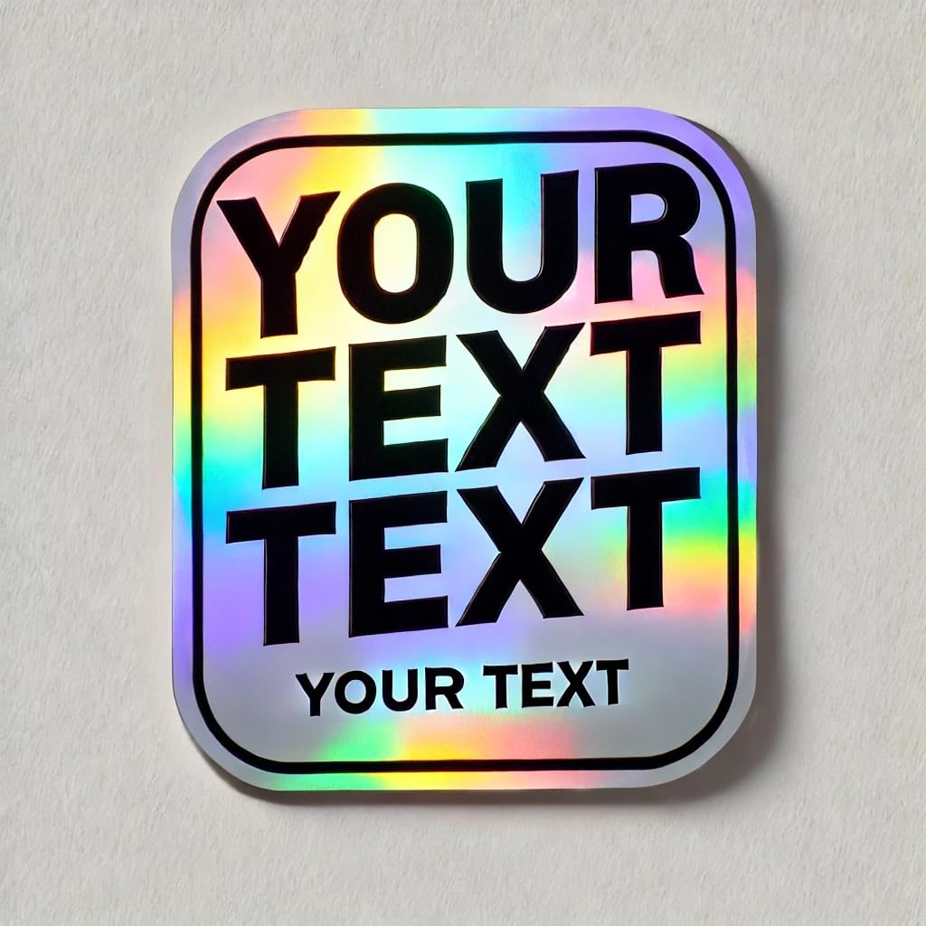 MC MOTOPARTS 5-1000 Bulk Custom Holographic Stickers - Personalized 2–10 Inch Die-Cut Labels - Choose Your Text Content, Font, Color, Background &